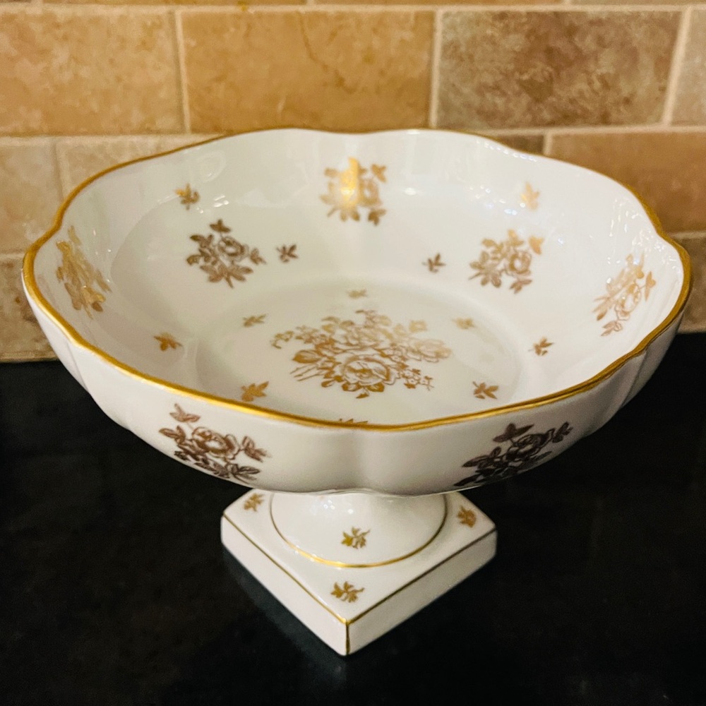 Vintage White and Gold Handpainted Limoges Pedestal Bowl